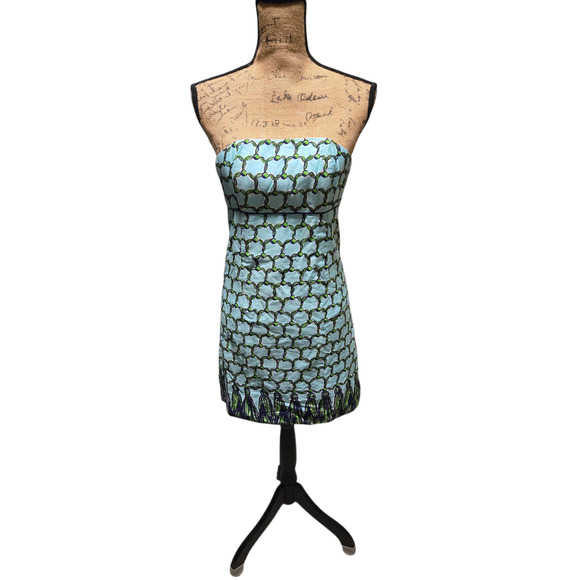 Lily Pulitzer strapless blue and green patterned mini dress, size 0 - Picture 1 of 5